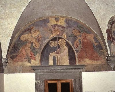 Kristus toivottaa tervetulleeksi kaksi dominikaanista veljeä, lunette tekijältä Fra Angelico