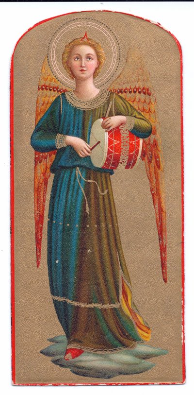 Värilitografia fra angelico enkeli soittaa rumpua, n. 1910. tekijältä Fra Angelico