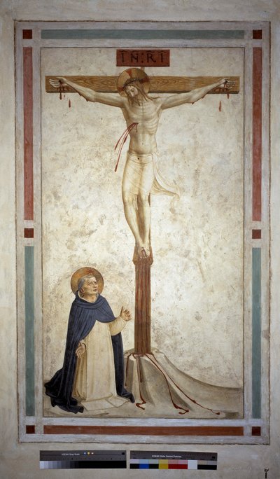 Ristiinnaulitseminen pyhän Dominicin kanssa. Kirjoitus "INRI" ristissä. Fresko Guido di Pietro tekijältä Fra Angelico