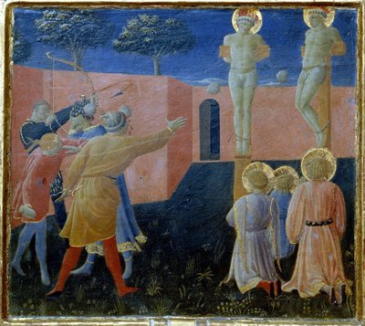 Pyhän Cosmon ristiinnaulitseminen ja kivittäminen tekijältä Fra Angelico