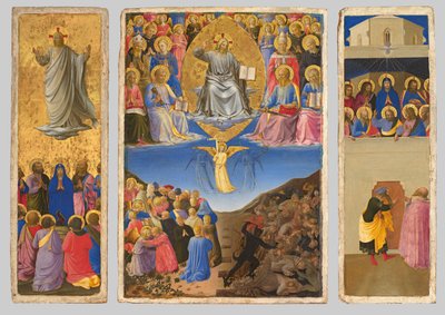 Italian: Trittico (Ascensione, Giudizio Universale, Pentecoste) Triptyykki viimeisestä tuomiosta, taivaaseenastumisesta ja helluntaista. tekijältä Fra Angelico