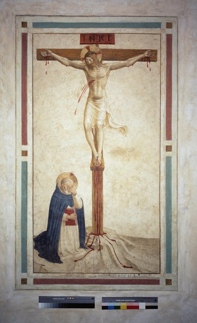 Ristiinnaulitseminen pyhän Dominicin kanssa. Kirjoitus "INRI" ristissä. Fresko Guido di Pietro tekijältä Fra Angelico