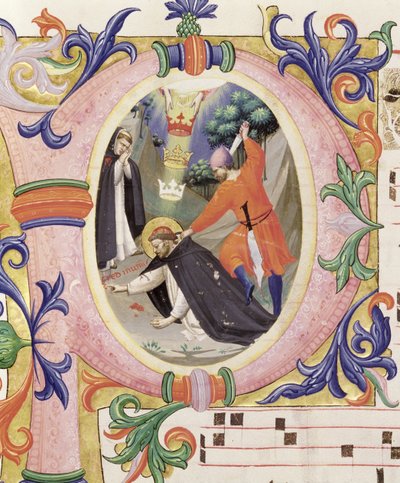 Missal 558 f.68v Historioitu alkukirjain "P", joka kuvaa Pyhän Pietari marttyyrin salamurhaa tekijältä Fra Angelico