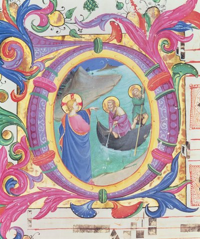Missal 558 f.9r Historioitu alkukirjain O, joka kuvaa ihmeellistä kalaluonnosta (88928:n yksityiskohta) tekijältä Fra Angelico