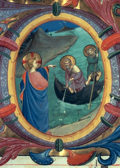 Ms 558 f.9r Pyhän Pietarin ja Pyhän Andreaksen kutsuminen, yksityiskohta historiallisesta O-alkukirjaimesta messukirjasta, 1430-luvun alun pergamentti, yksityiskohta asiakirjasta 88928. tekijältä Fra Angelico