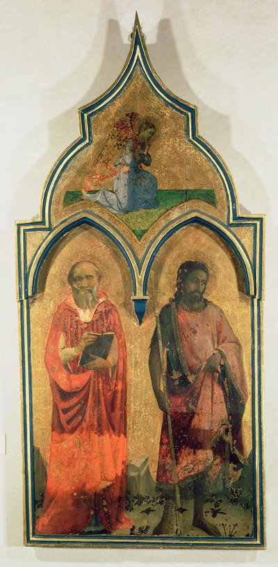 SS. Hieronymus ja Johannes Kastaja, sivupaneeli Madonna ja lapsi ja Pyhän kolminaisuuden tabernaakkeli, n. 1430 (tempera paneelissa) (katso myös 94746, 94748) tekijältä Fra Angelico
