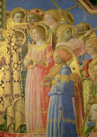 Neitsyt Marian kruunajaiset, yksityiskohta, jossa on musiikkia esittäviä enkeleitä, n.1430-32 öljy paneelille, yksityiskohta 60319:stä tekijältä Fra Angelico
