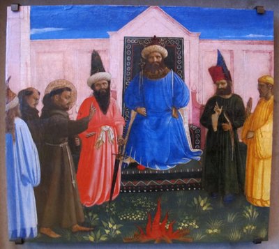 Tulikoe, Pyhä Fransiskus tarjoutuu kävelemään tulen läpi käännyttääkseen Egyptin sulttaanin (Legenda maior, IX, 8). tekijältä Fra Angelico