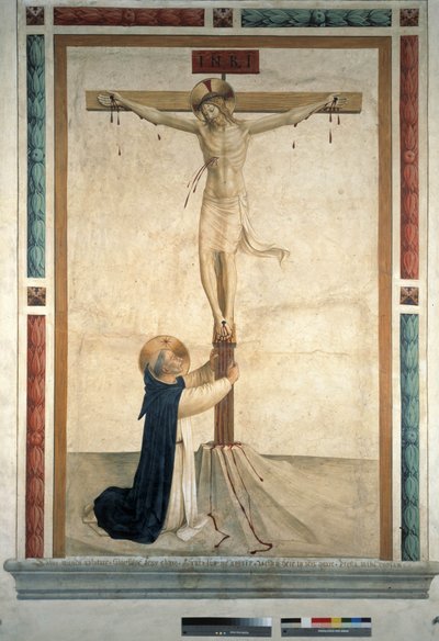 Ristiinnaulitseminen pyhän Dominicin kanssa. Kirjoitus "INRI" ristillä, 1442 tekijältä Fra Angelico