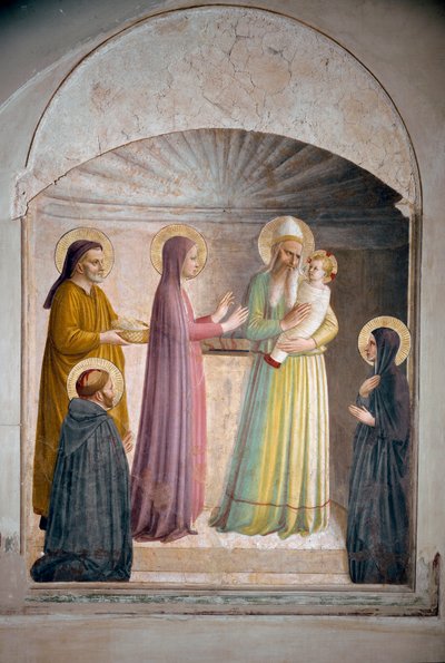 Kristuksen esittely temppelissä. Pyhä Pietari, marttyyri ja dominikaaninen nunna Villana, tarkkailee raamatullista kohtausta. Fresko Guido di Pietro tekijältä Fra Angelico