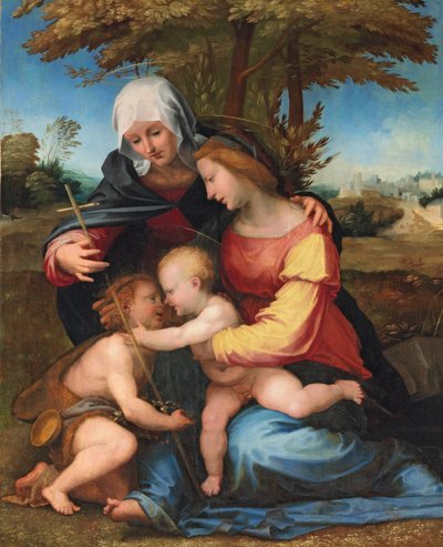 Madonna ja lapsi maisemassa Pyhän Elisabetin ja pikkulapsen Pyhän Johannes Kastajan kanssa, 1516 tekijältä Fra Bartolomeo