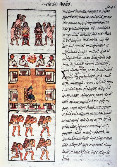 Atsteekkien yhteiskunta, muusikot, kuningas ja kauppiaat, teksti nahuatiksi, faksimilesta Bernardino de Sahagunin käsikirjoituksesta General History of Things of New Spain, joka tunnetaan myös nimellä Firenzen Codex tekijältä Fra Bernadino da Sahagun