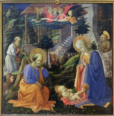 Lapsen palvonta SS:n kanssa. Hilary, Hieronymus, Maria Magdaleena ja enkelit (tempera paneelissa) tekijältä Fra Filippo Lippi
