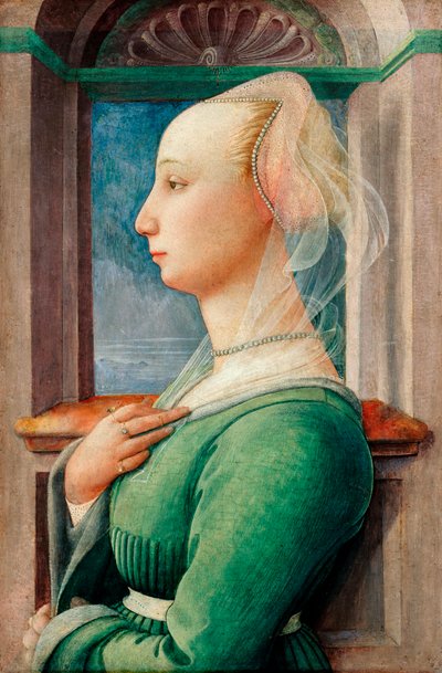"Nuoren naisen profiilimuotokuva" Filippo Lipin (1406-1469) maalaus puulle, n. 1445 - Öljy puulle, 49,5x32,7 - Staatliche Museen, Berliini tekijältä Fra Filippo Lippi
