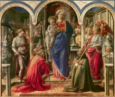 Neitsyt ja lapsi enkelien ympäröimänä, St. Frediano (Fridianus Lucca tai Frigidanus, Frigidianus, Frygian) ja Pyhä Augustinus, joka tunnetaan nimellä Pala Barbadori, Filippo Lipin (1406-1469) alttaritaulu 1437-1 Barbadori-perheen sponsoroima baari tekijältä Fra Filippo Lippi