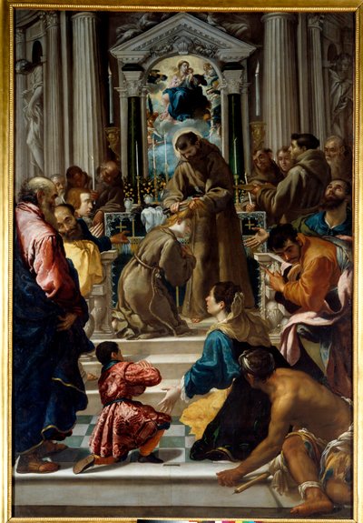 Saint Francois Assisilainen (1181-1223) leikkaa Saint Clairen (1193-1253) hiukset. Semplice De Veronan (1589-1654) maalaus Ec. Ital. tekijältä Fra Semplice da Verona