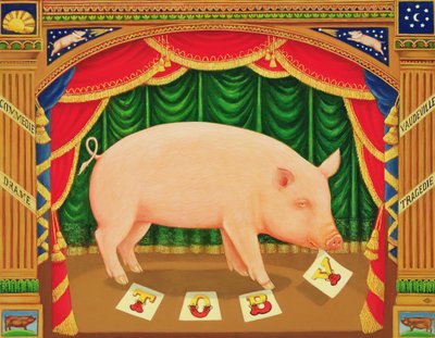 Toby the Learned Pig, 1998 (öljy ja tempera paneelissa) tekijältä Frances Broomfield