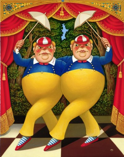 Tweedledum ja Tweedledee, 1998 (öljy ja tempera paneelissa) tekijältä Frances Broomfield