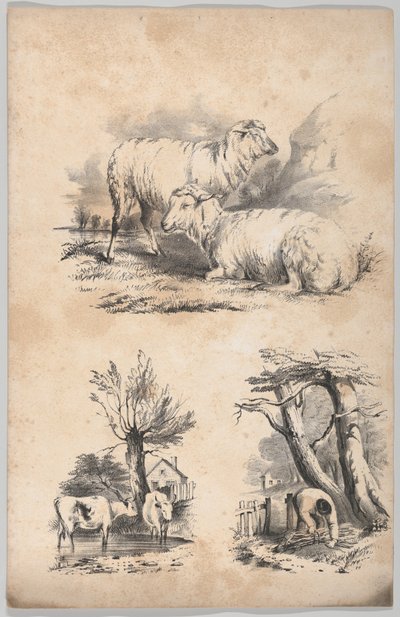 Vinjetti kahdella lampaalla, Vinjetti kahdella lehmällä altaassa ja Puunkeräilijän vinjetti..., 1847. tekijältä Frances Flora Bond Palmer