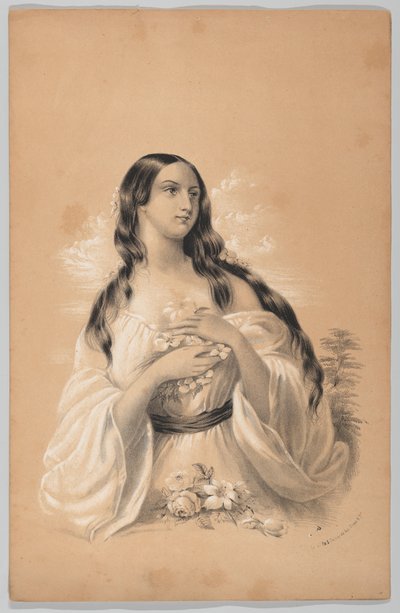 Nainen pitelee kukkia, New Yorkin piirustuskirjassa, joka sisältää sarjan alkuperäistä suunnittelua..., 1847. tekijältä Frances Flora Bond Palmer