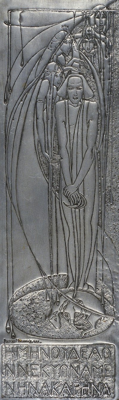 Valkoinen metallilevy, 1893 (metalli) (repousse) tekijältä Frances Macdonald