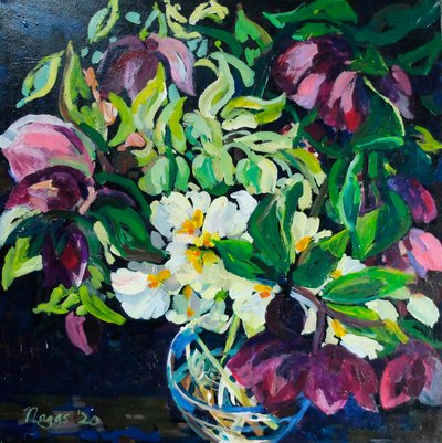 Helibore ja Primroses on a Dark Ground, 2020 (akryyli kankaalle) tekijältä Frances Naggs