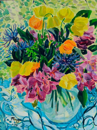 Kevätkukkakimppu (Rhododendron ja walesin unikot), 2020 (akryyli kankaalle) tekijältä Frances Naggs