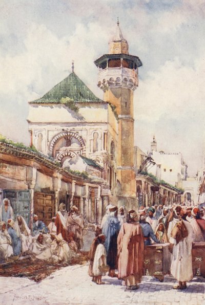 Sidi Ben Ziadin moskeija, Tunis, huutokauppapäivä (värilitografia). tekijältä Frances Nesbitt