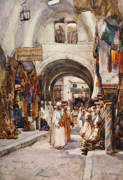Souk des Etoffes, Tunis (värilitografia) tekijältä Frances Nesbitt