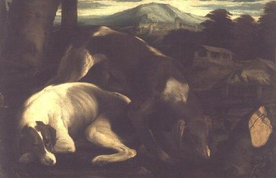 Kaksi metsästyskoiraa, n. 1555 tekijältä Francesco Bassano
