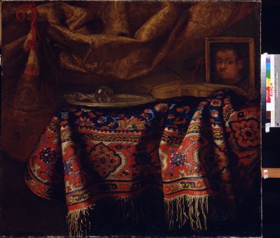 Natura morta amb autoretrat. (Bodegó amb autoretrat). Pintura de Francesco Fieravino (entre 1610 i 1660). Art italià, estil barroc. Regional A. Deineka Art Gallery, Kursk, Rússia, finlandès tekijältä Francesco (b.1640) Fieravino