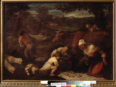 ""Le soir"" (Ilta) Paimenperhe, naiset ja lapset syövät lounasta nurmikolla. Maalaus Jacopo Bassanon (da Ponte) (1510-1592) seurueesta 1500-luvun Ivan Kramskoy (tai Kramskoi) taidemuseo Voronezhissa (Voronezh), Venäjä. tekijältä Francesco (circle of) Bassano