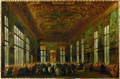 Juhlallinen ateria Dogen palatsissa Suuren neuvoston salissa, dogen istuu keskellä taustalla ... tekijältä Francesco (circle of) Guardi