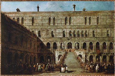 Venetsian dogen kruunajaiset herttuan palatsin jättiläisten portailla ... tekijältä Francesco (circle of) Guardi