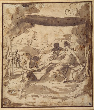 Venus makuuasennossa maalaismaisen katoksen alla, Adonis kiinnittää sandaalinsa (kynä ja muste pesulla paperille) tekijältä Francesco Albani