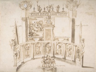 Suunnittelu puutarhajuhlaan, jossa on puolipyöreä seinä ja patsaita markkinarakoissa, n. 1635-79. tekijältä Francesco Allegrini
