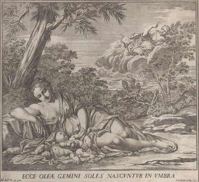 Latona ja hänen nukkuvat kaksoset, Apollo ja Diana, maisemassa, 1705. tekijältä Francesco Antonio Meloni