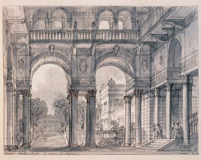 Lavastus Wolfang Amadeus Mozartin (1756-1791) Les noces de Figaron (Figaron häät) toiselle kohtaukselle, ohjaaja Francesco Bagnara (1784-1866) 1820-1839 Venetsian Museo Correr tekijältä Francesco Bagnara