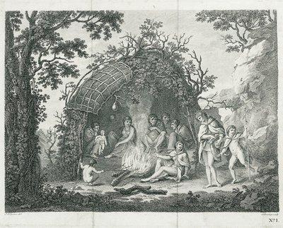 Näkymä Terra del Fuegon intiaaneista heidän majassaan (ilman otsikkoa). tekijältä Francesco Bartolozzi