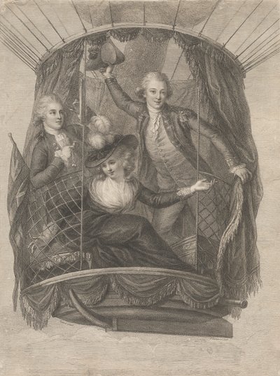 Madame Sagen, Chevalier Bigginin ja kapteeni Vincent Lunardin taivaaseenastuminen ilmapallolla, 20. kesäkuuta 1785 tekijältä Francesco Bartolozzi