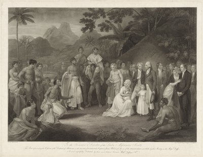 Kapitein James Wilson op het eiland Otaheité Matavain luovutus (Tahitilla) kapteeni James Wilsonille Otaheiten saarella sijaitsevan Matavain piirin luovutus kapteeni James Wilsonille tuon seuran sinne lähettämien lähetyssaarnaajien käyttöön tekijältä Francesco Bartolozzi
