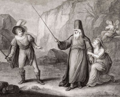Prospero riisuu Ferdinandin aseista. Shakespeare. The Tempest (kaiverrus) tekijältä Francesco Bartolozzi