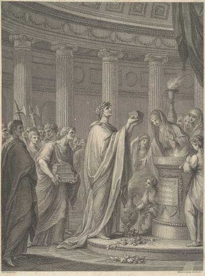 Roomalainen sotapäällikkö Julius Caesar vihkii Venus Genetrixin temppelin Caesarin forumilla Roomassa, 46 eKr. tekijältä Francesco Bartolozzi