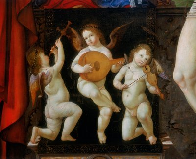 Kolme musiikkienkeliä. Yksityiskohta Madonnan alttarikappaleesta, jossa valtaistuimella on pyhien Jerome ja Sebastian, Francesco Bianchi Ferrari, San Pietron kirkko, Modena tekijältä Francesco Bianchi Ferrari