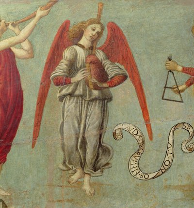 Säkkipilliä soittava enkeli, n.1475-97 tempera taululle, yksityiskohta kuvasta 64871, katso myös 64873 ja 64874. tekijältä Francesco Botticini