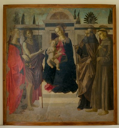 Madonna ja lapsi sekä Maria Magdaleena, Johannes Kastaja, Pyhä Zenobius ja Pyhä Fransiskus (tempera puulle). tekijältä Francesco Botticini
