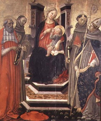 Madonna ja lapsi SS:n kanssa. Jerome, Franciscus Assisilainen, Anthony Padovalainen ja Louis Toulouse (tempera paneelissa) tekijältä Francesco Botticini