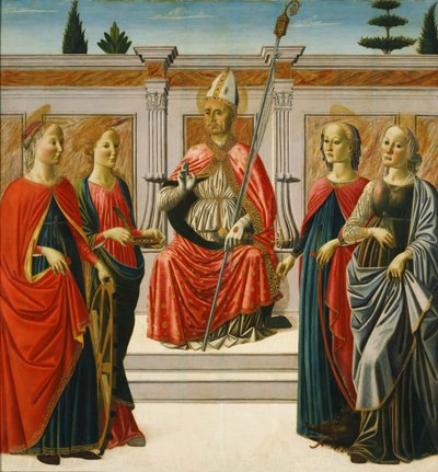 Pyhä Nikolaus ja pyhät Katariina, Lucy, Margaret ja Apollonia tekijältä Francesco Botticini