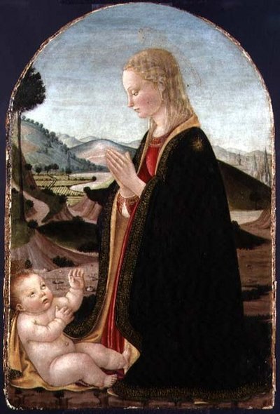 Neitsyt palvoo lasta (tempera kultaisella paneelilla) tekijältä Francesco Botticini
