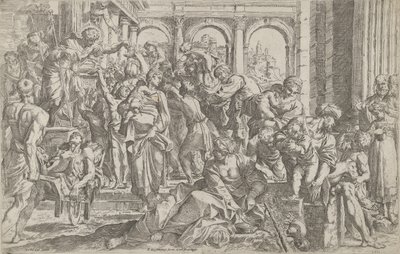 Saint Roch vasemmalla jakoi almuja ympärilleen kokoontuneelle ihmisryhmälle ..., 1590-1600 jälkeen. tekijältä Francesco Brizio